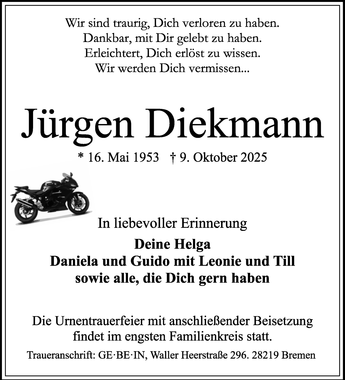 Traueranzeige von Jürgen Diekmann von WESER-KURIER