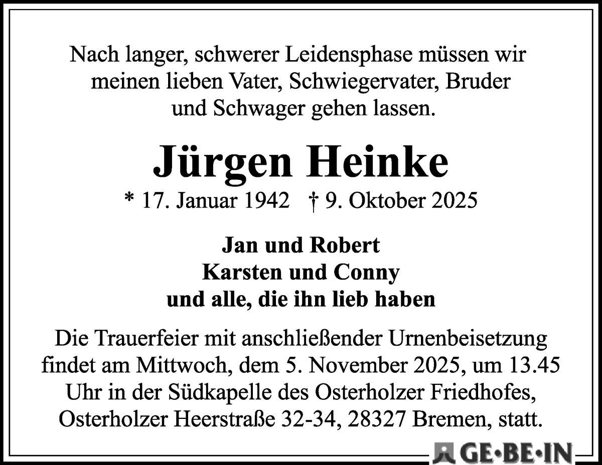 Traueranzeige von Jürgen Heinke von WESER-KURIER
