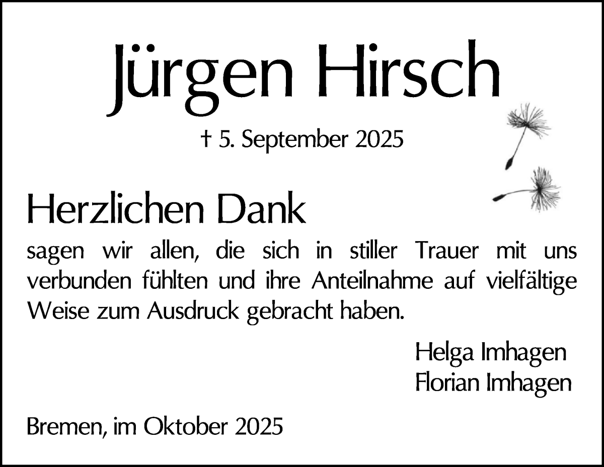Traueranzeige von Jürgen Hirsch von WESER-KURIER