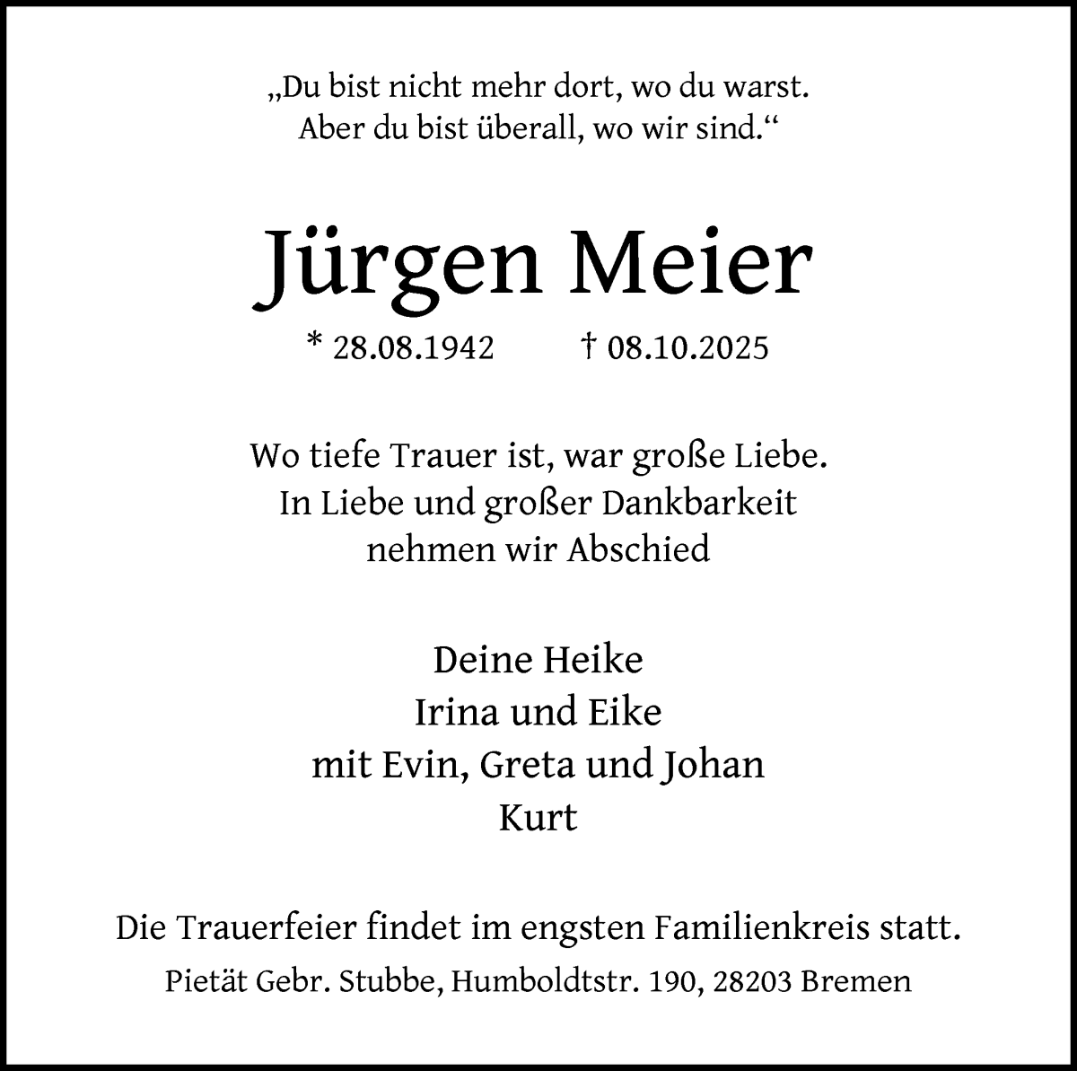 Traueranzeige von Jürgen Meier von WESER-KURIER