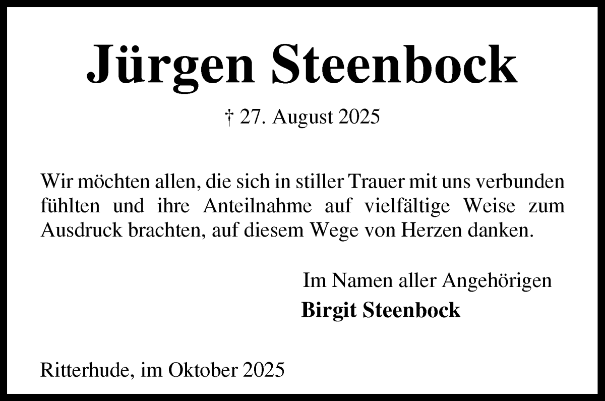  Traueranzeige für Jürgen Steenbock vom 04.10.2025 aus Osterholzer Kreisblatt