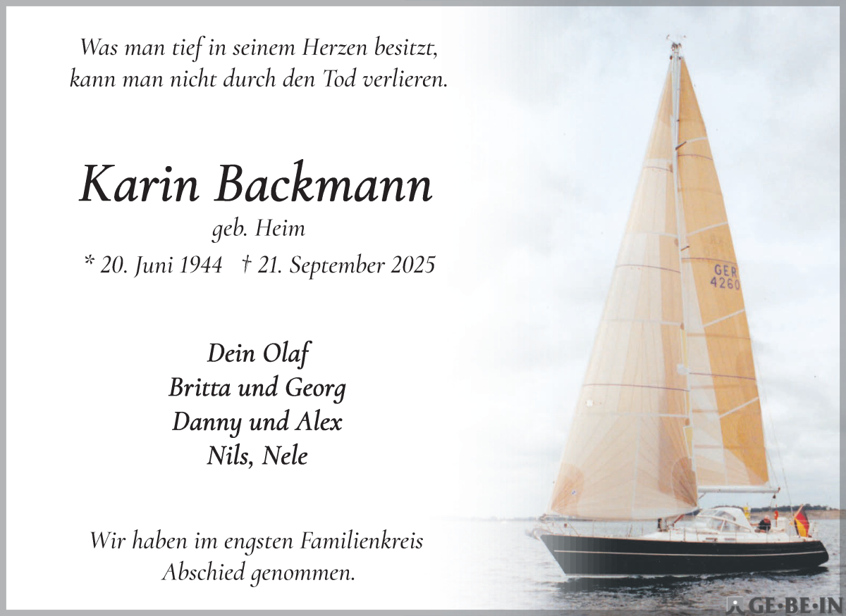 Traueranzeige von Karin Backmann von WESER-KURIER