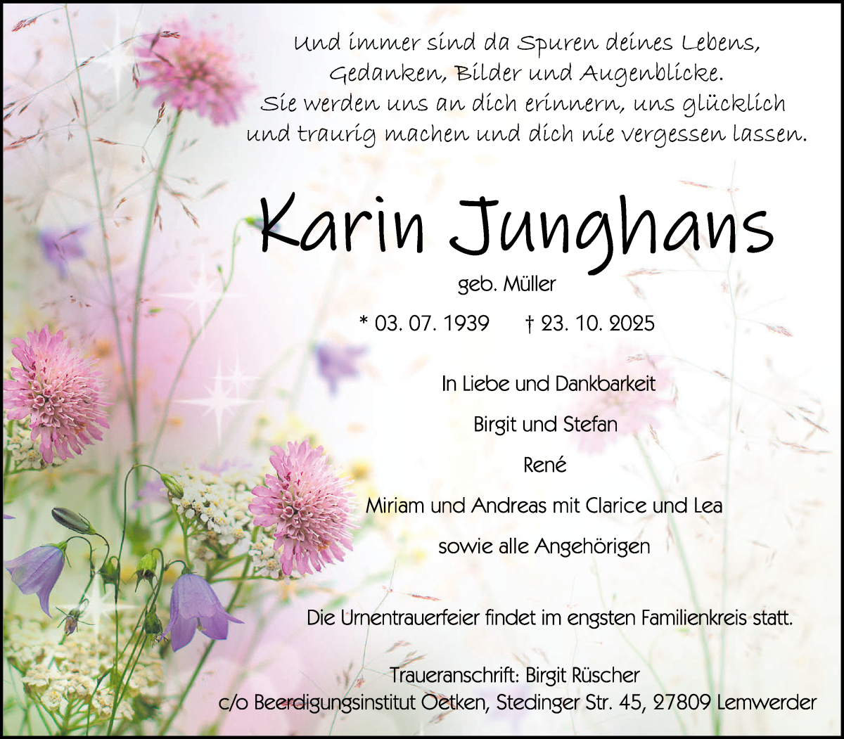 Traueranzeige von Karin Junghas von Die Norddeutsche