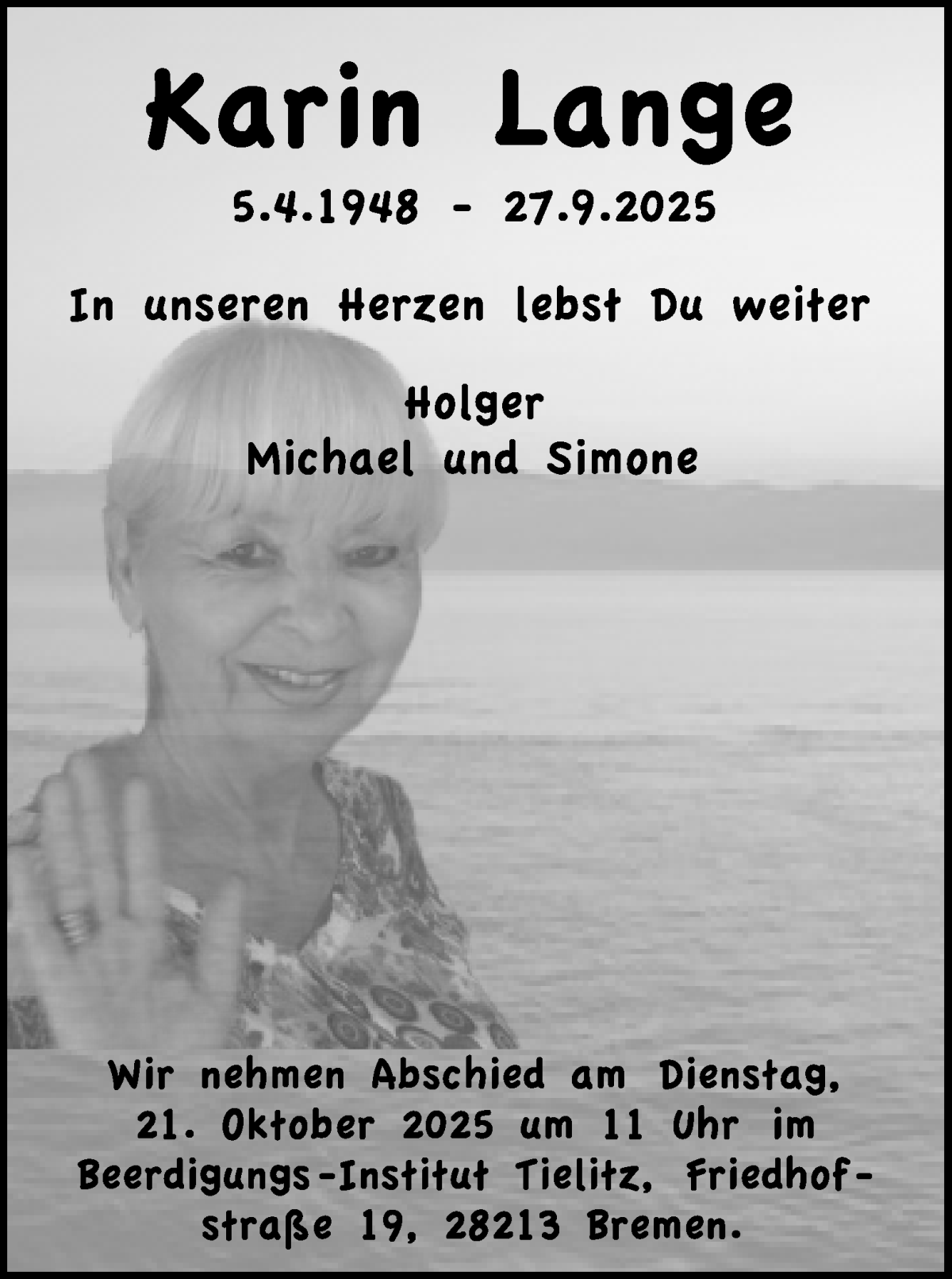 Traueranzeige von Karin Lange von WESER-KURIER