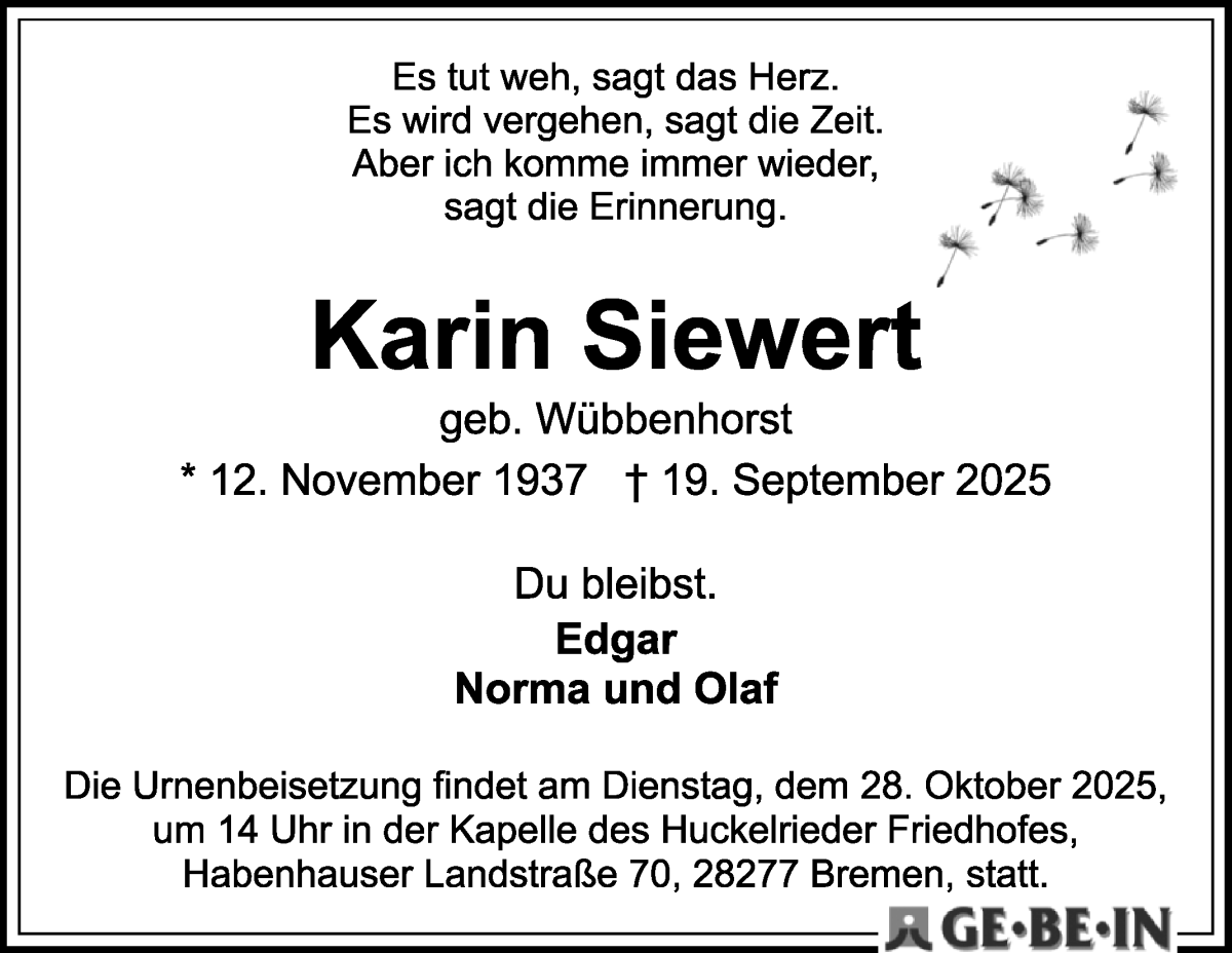 Traueranzeige von Karin Siewert von WESER-KURIER