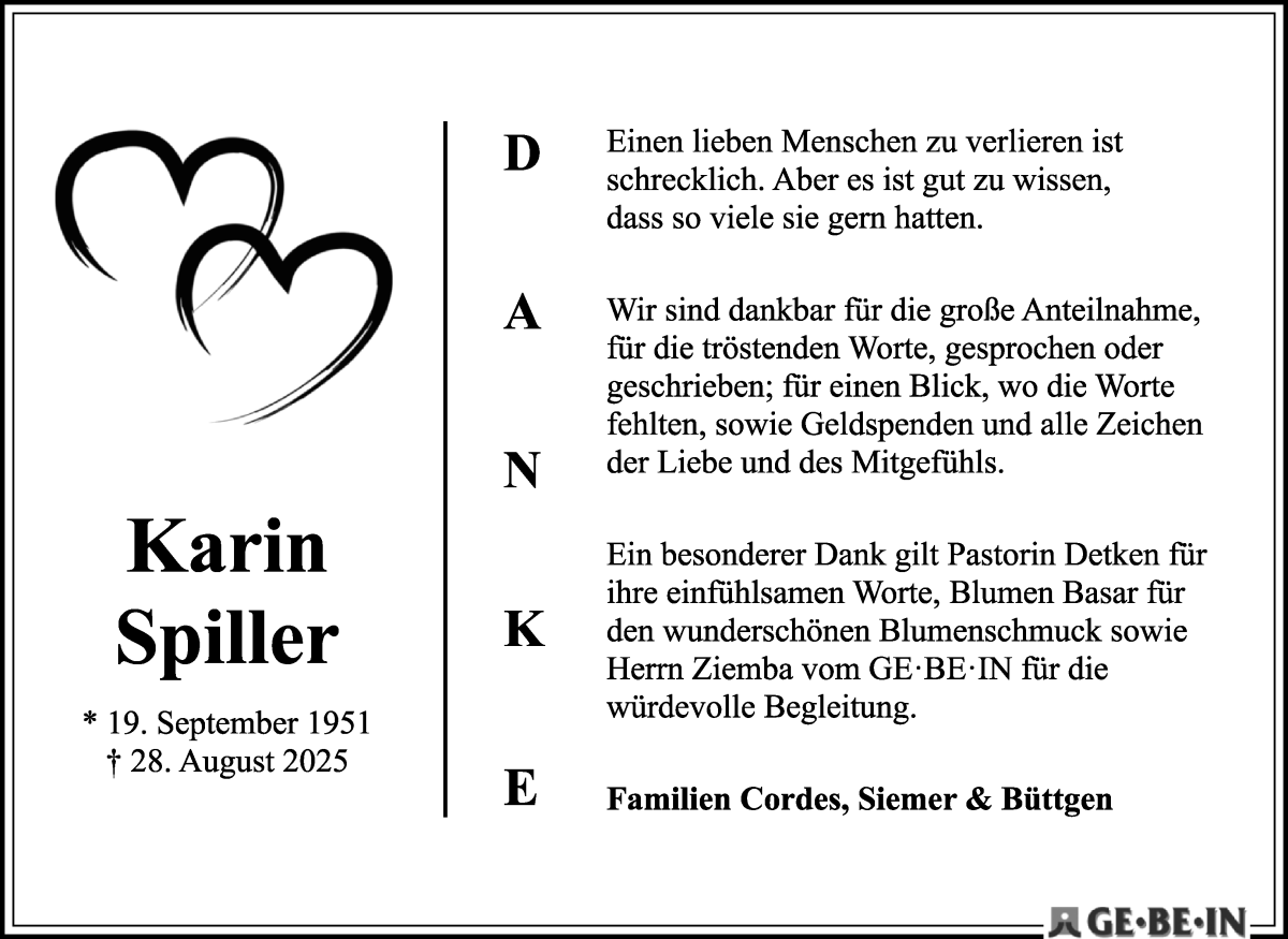 Traueranzeige von Karin Spiller von WESER-KURIER