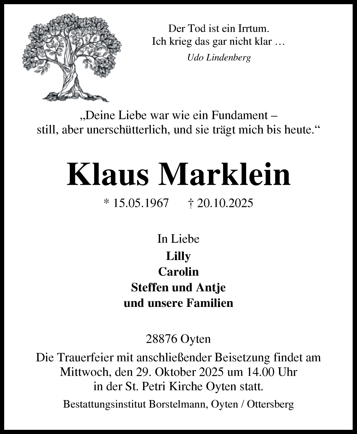 Traueranzeige von Klaus Marklein von WESER-KURIER