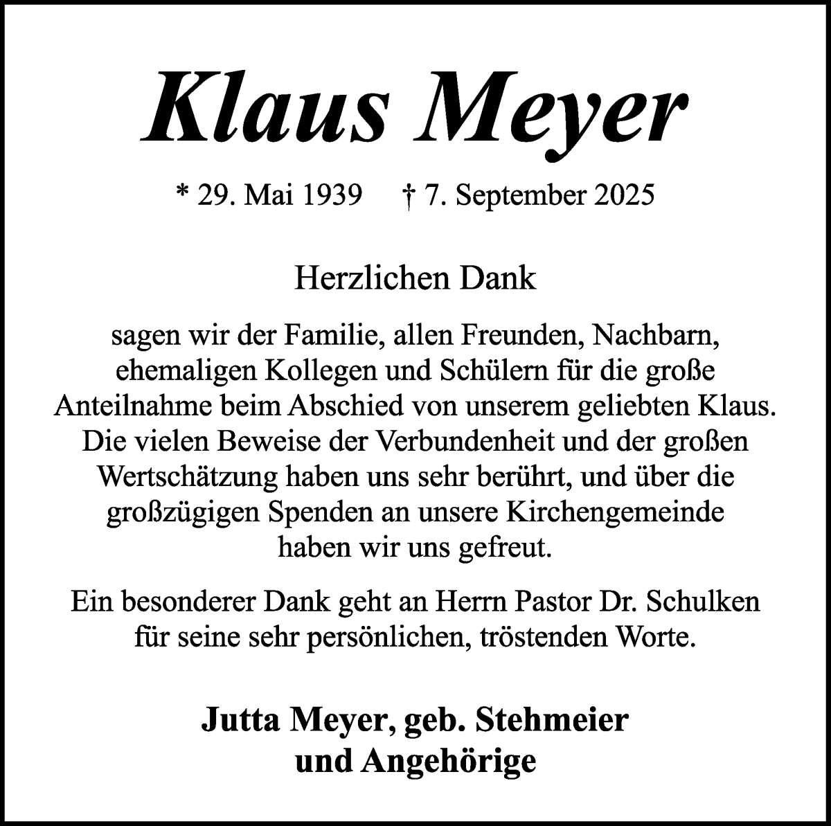 Traueranzeige von Klaus Meyer von WESER-KURIER