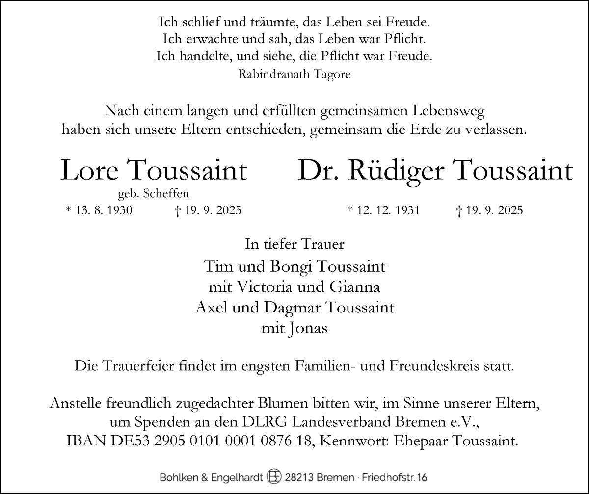 Traueranzeige von Lore und Rüdiger Toussaint von WESER-KURIER