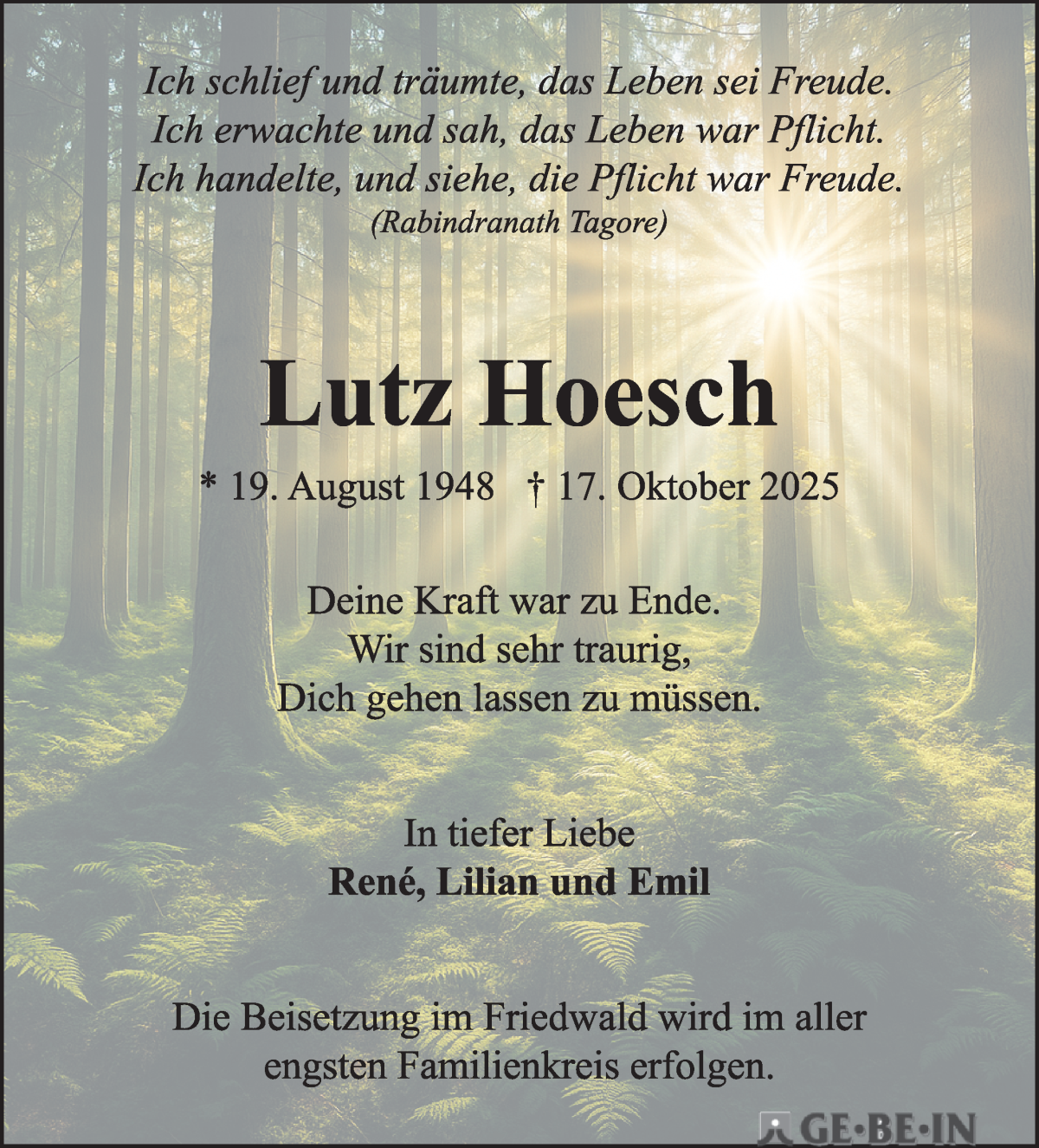 Traueranzeige von Lutz Hoesch von Die Norddeutsche