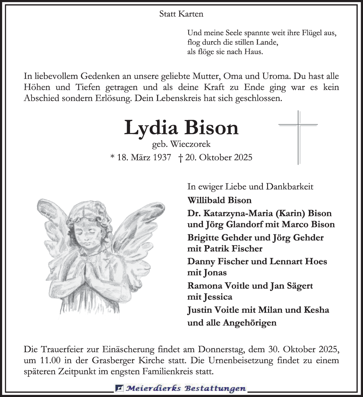 Traueranzeige von Lydia Bison von WESER-KURIER