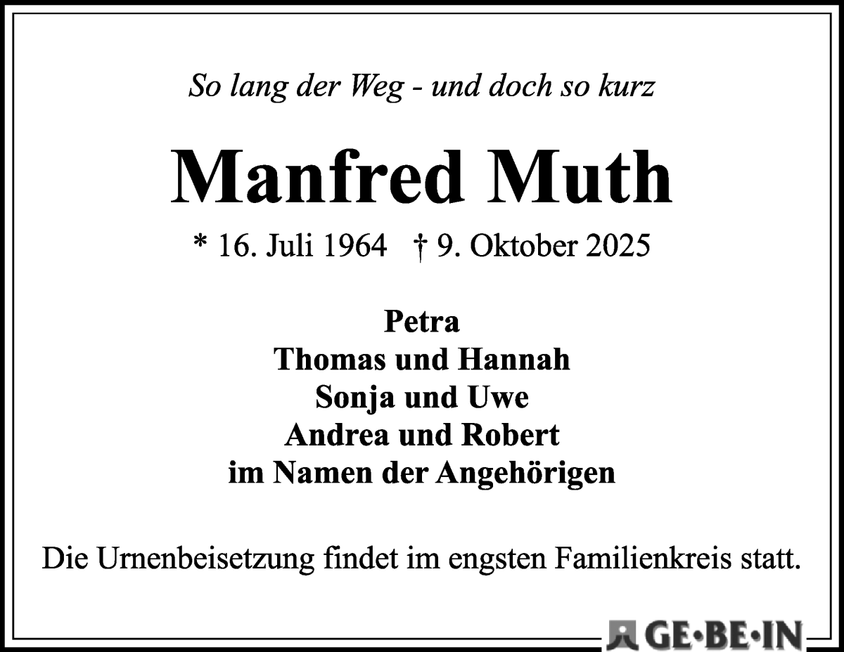Traueranzeige von Manfred Muth von WESER-KURIER