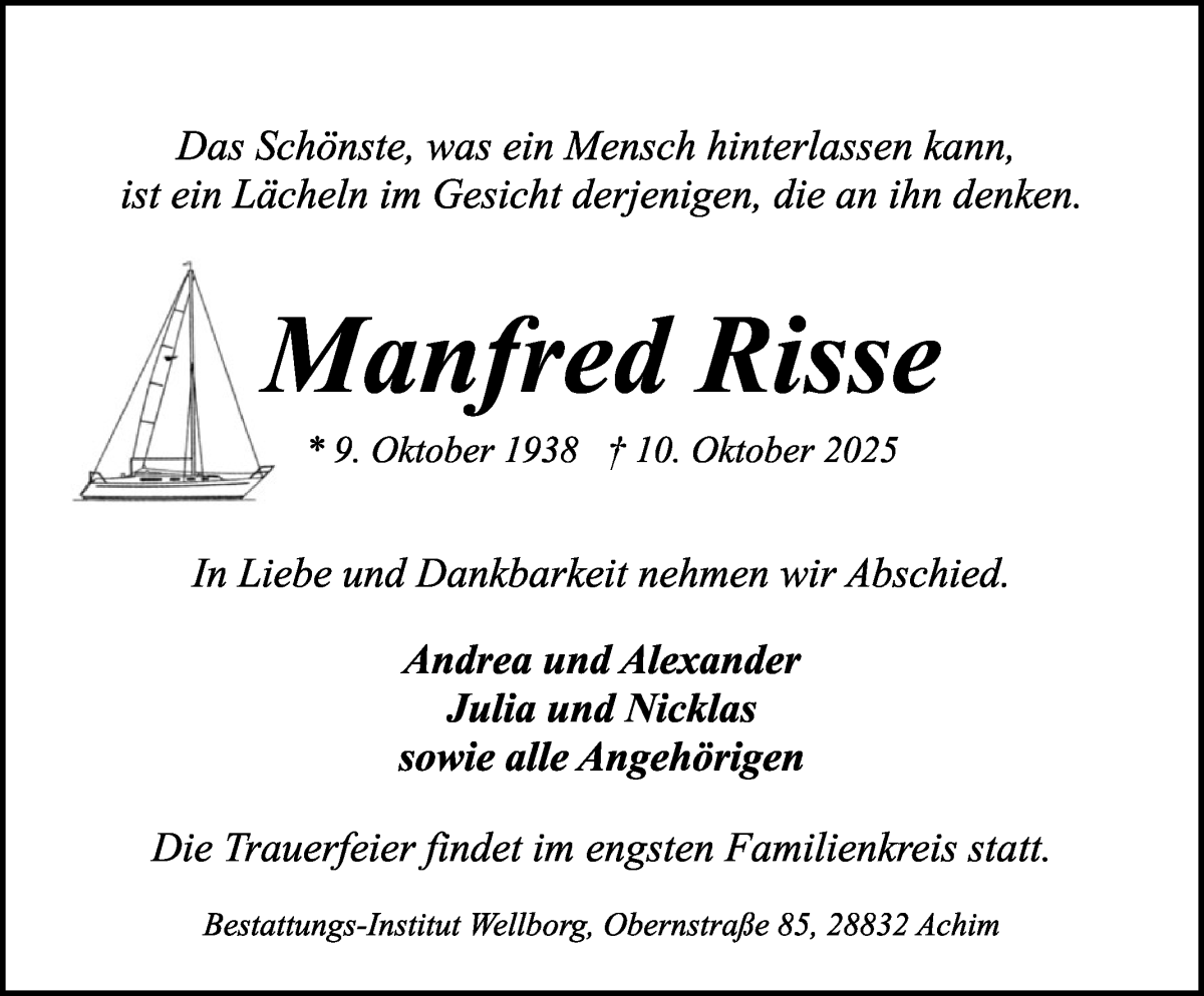  Traueranzeige für Manfred Risse vom 18.10.2025 aus Achimer Kurier/Verdener Nachrichten
