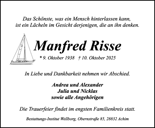 Traueranzeige von Manfred Risse von Achimer Kurier/Verdener Nachrichten