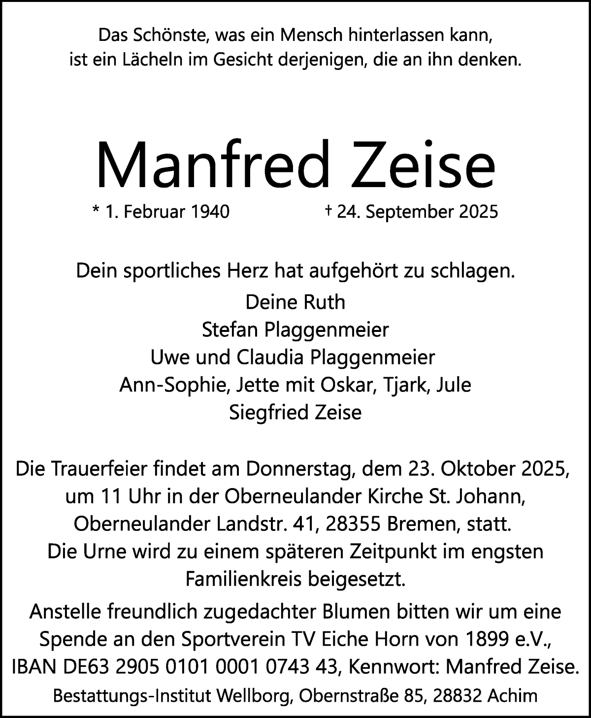 Traueranzeige von Manfred Zeise von WESER-KURIER