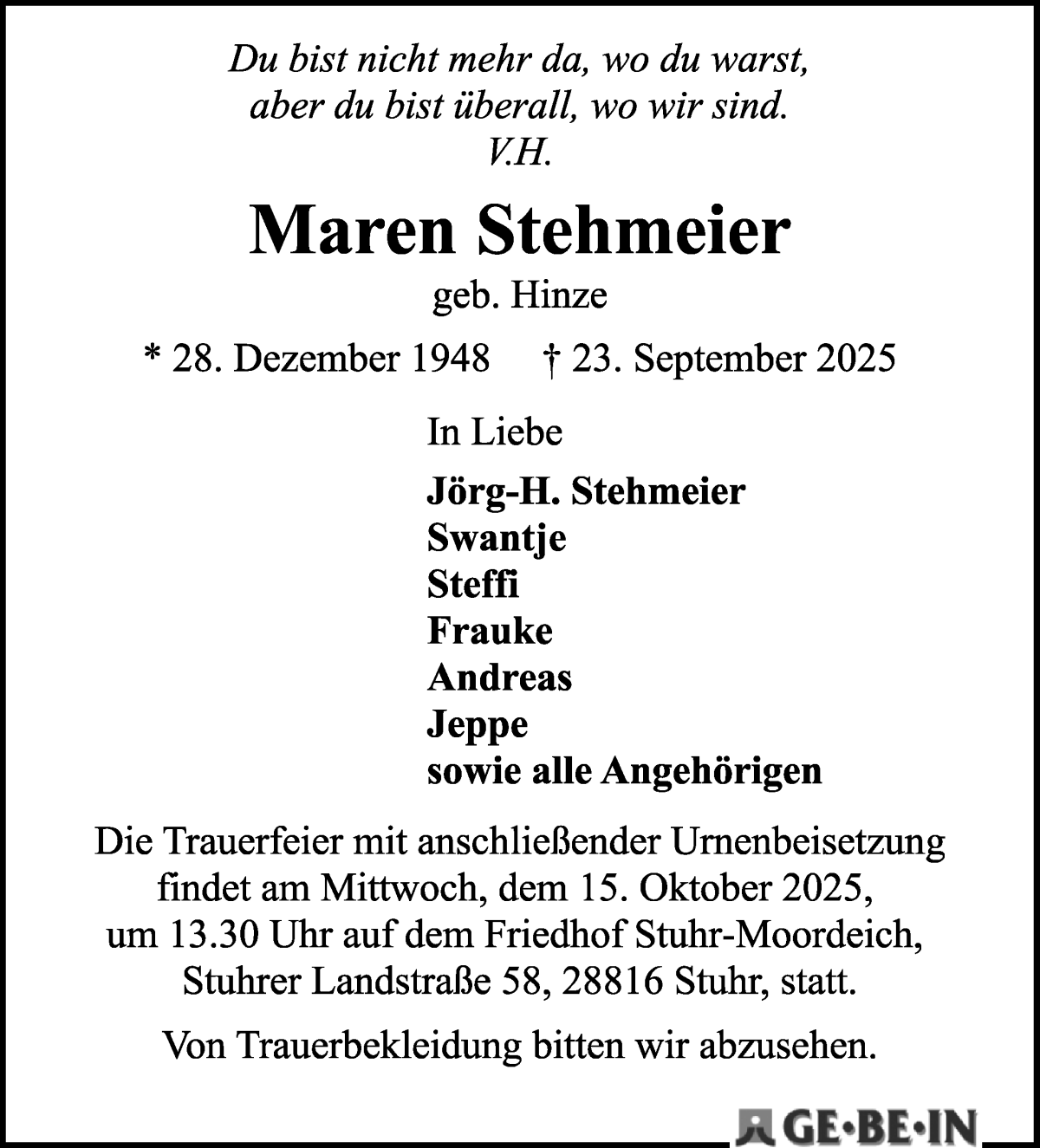 Traueranzeige von Maren Stehmeier von WESER-KURIER