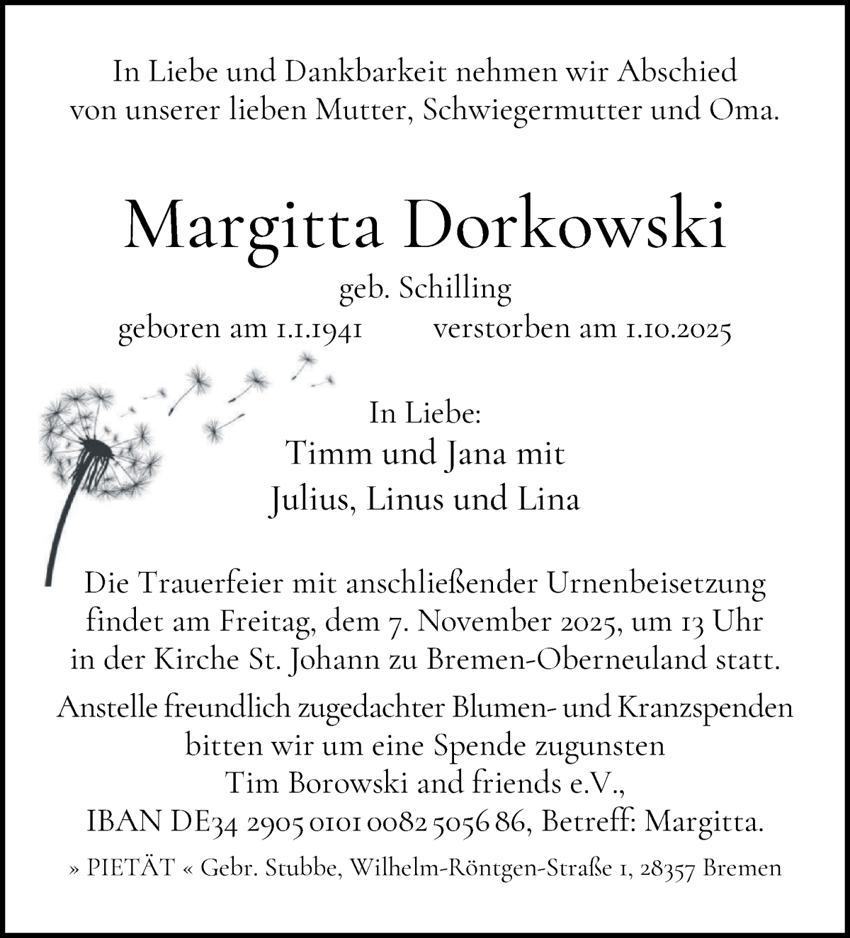 Traueranzeige von Margitta Dorkowski von WESER-KURIER