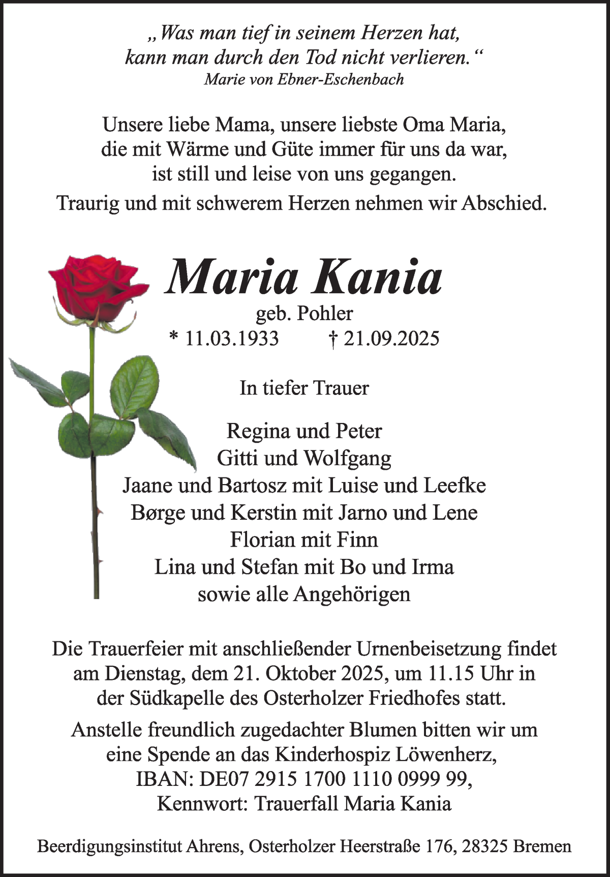 Traueranzeige von Maria Kania von WESER-KURIER