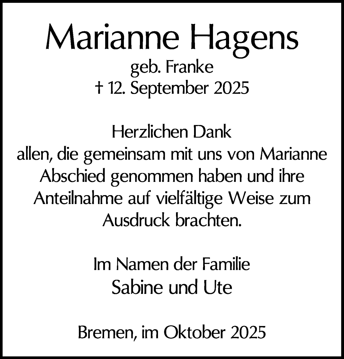 Traueranzeige von Marianne Hagens von WESER-KURIER