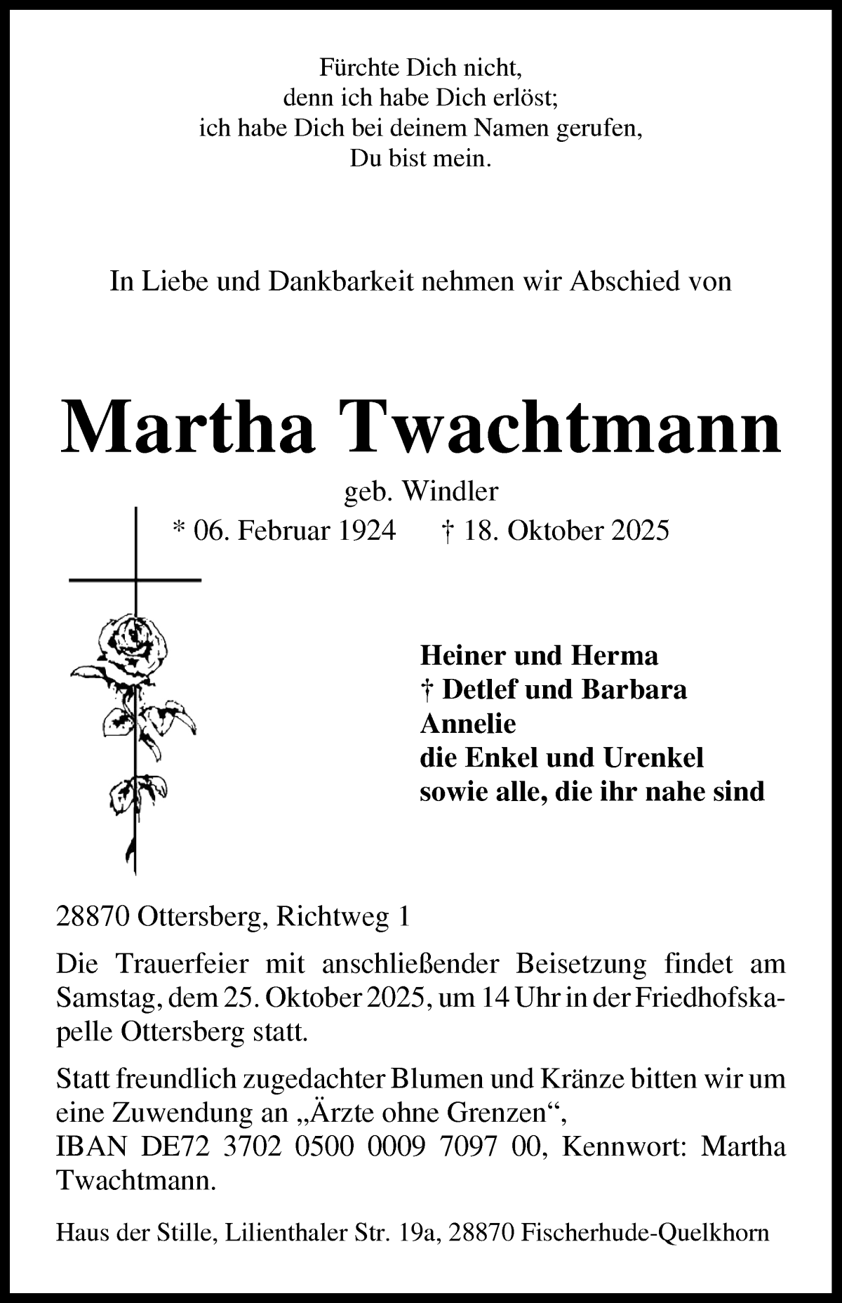 Traueranzeige von Martha Twachtmann von Achimer Kurier/Verdener Nachrichten