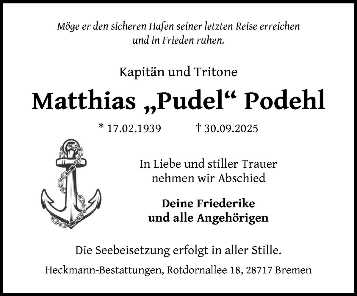  Traueranzeige für Matthias  Pudel Podehl vom 18.10.2025 aus WESER-KURIER