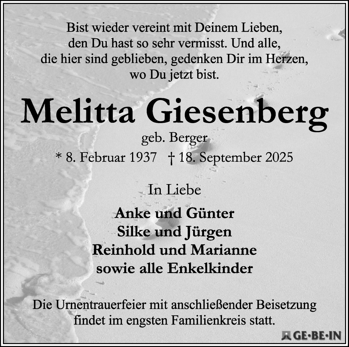  Traueranzeige für Melitta Giesenberg vom 04.10.2025 aus WESER-KURIER