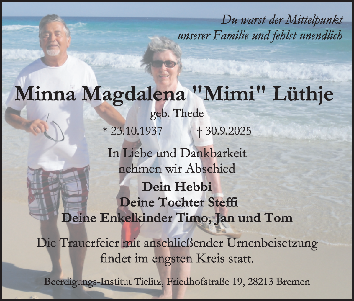 Traueranzeige von Minna Magdalena  Lüthje von WESER-KURIER
