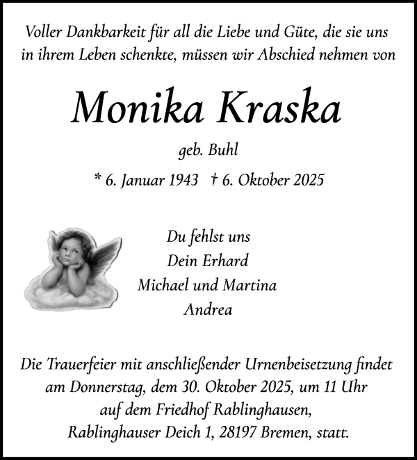 Traueranzeige von Monika Kraska von WESER-KURIER