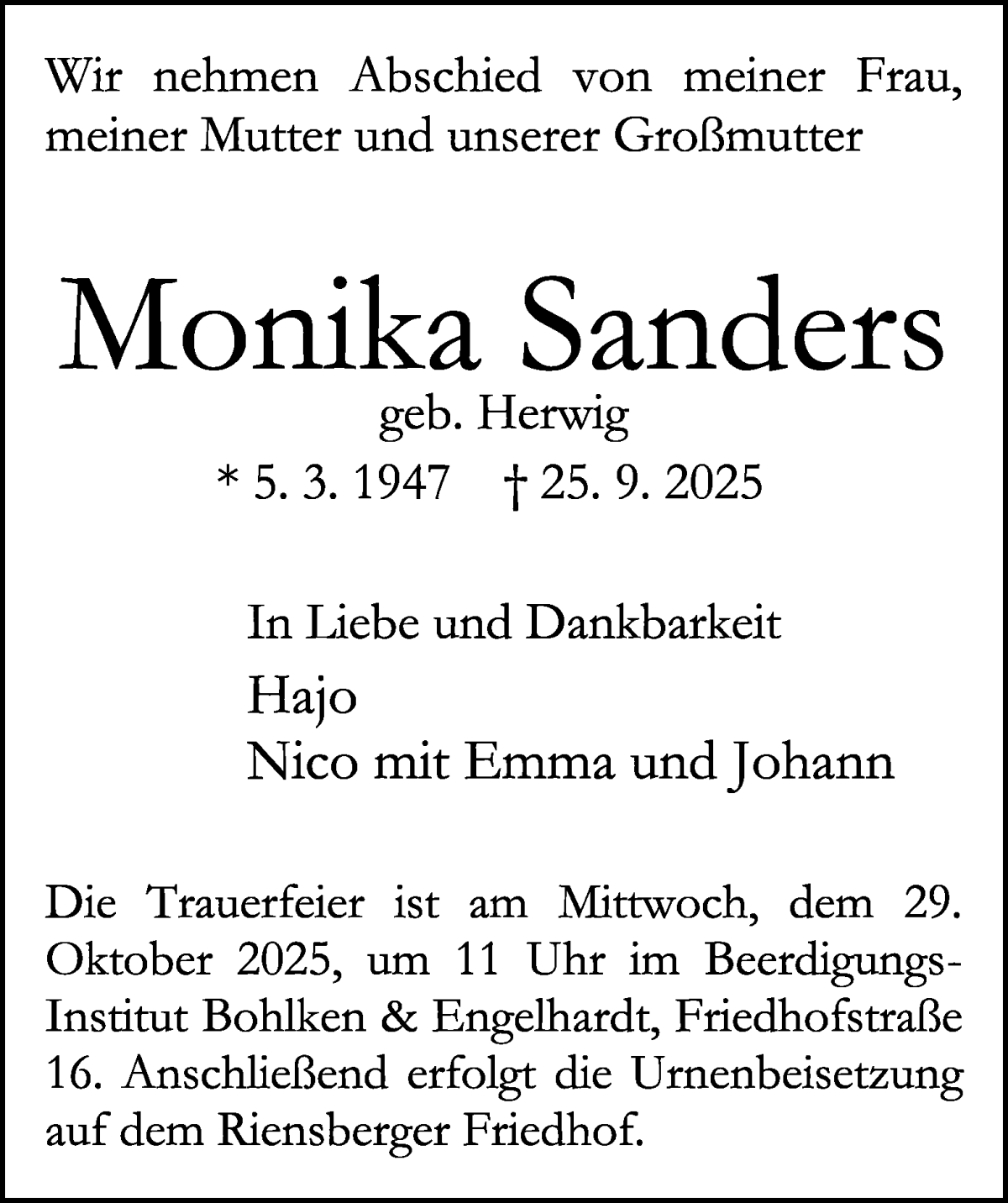 Traueranzeige von Monika Sanders von WESER-KURIER