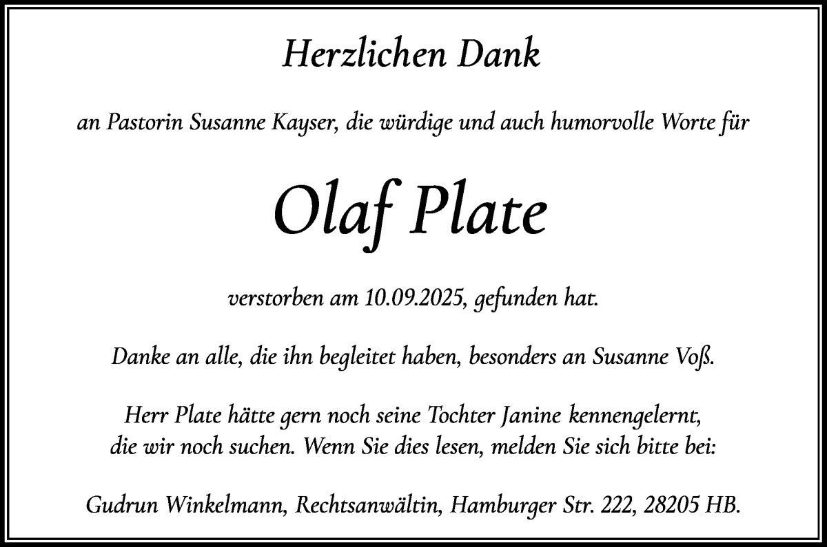 Traueranzeige von Olaf Plate von WESER-KURIER