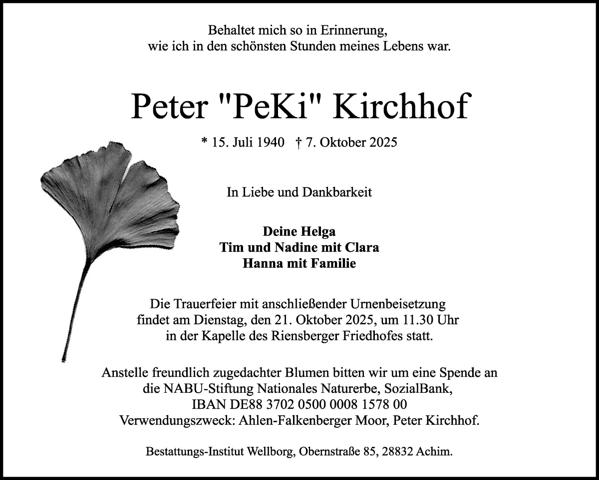  Traueranzeige für Peter Kirchhof vom 18.10.2025 aus WESER-KURIER