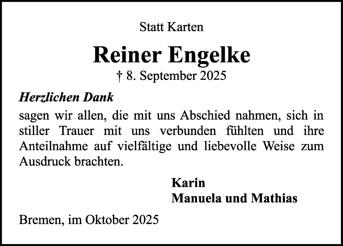 Traueranzeige von Reiner Engelke von WESER-KURIER
