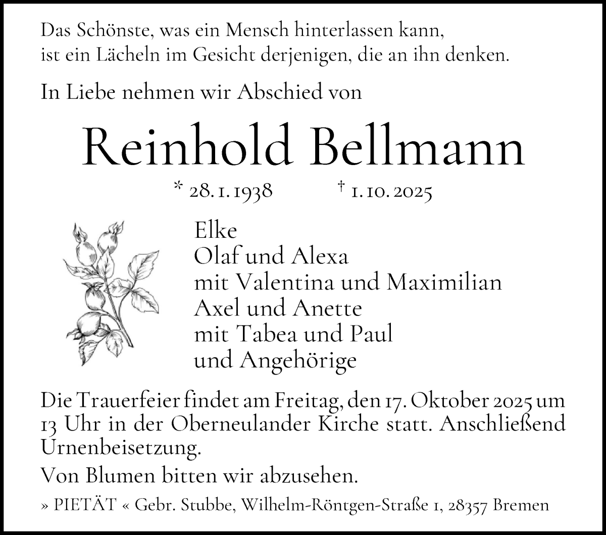 Traueranzeige von Reinhold Bellmann von WESER-KURIER