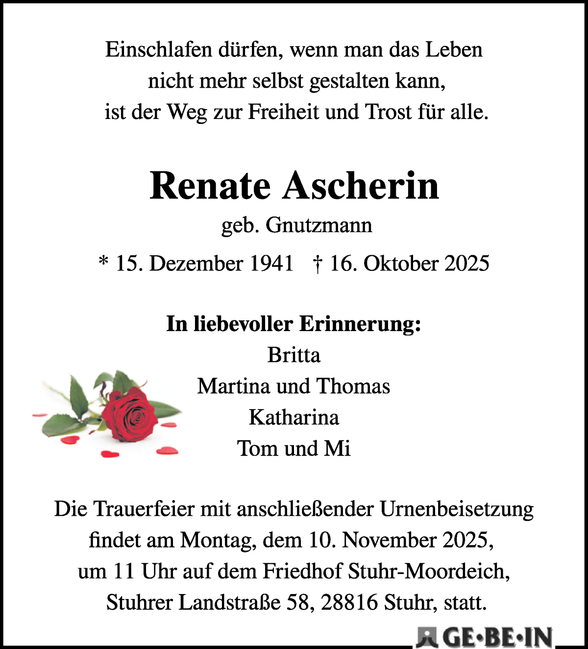 Traueranzeige von Renate Ascherin von WESER-KURIER