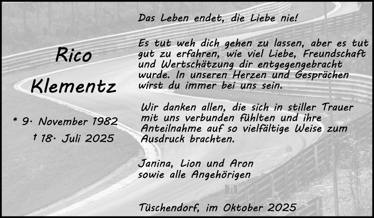  Traueranzeige für Rico Klementz vom 11.10.2025 aus Wuemme Zeitung
