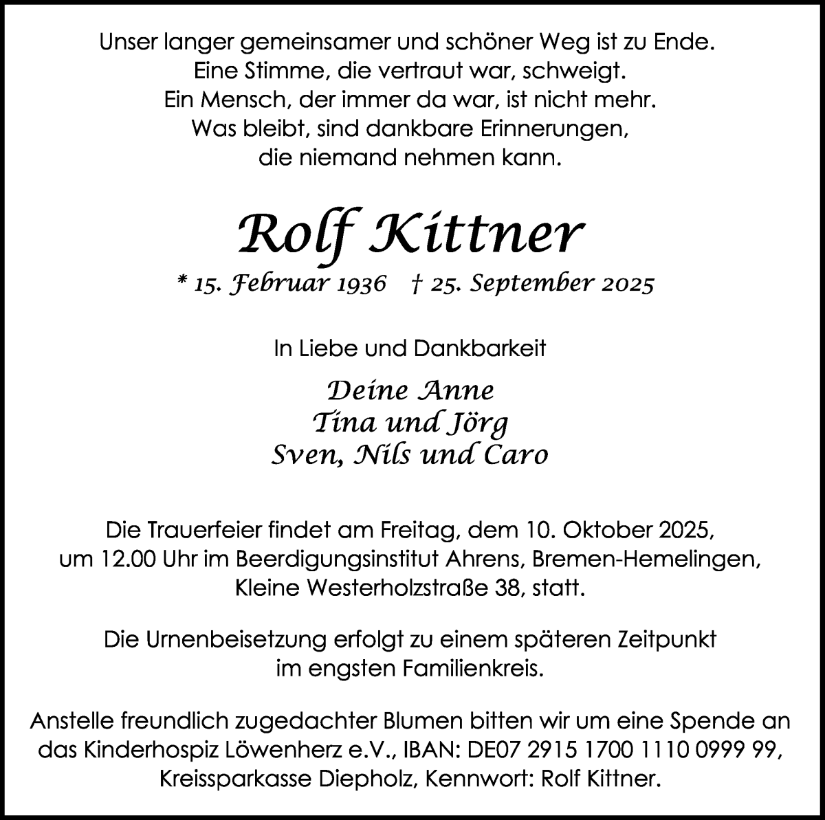 Traueranzeige von Rolf Kittner von WESER-KURIER