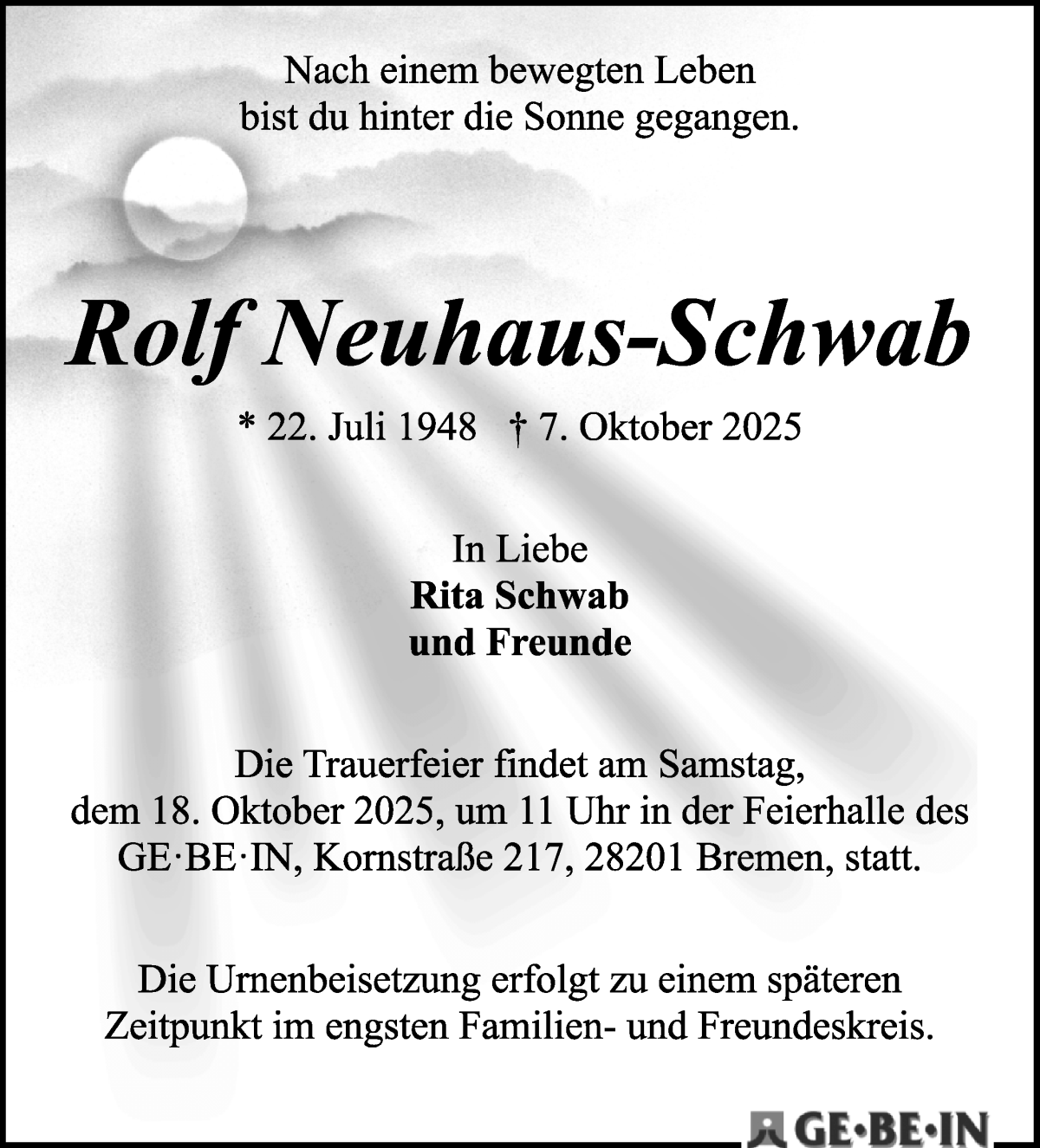 Traueranzeige von Rolf Neuhaus-Schwab von WESER-KURIER