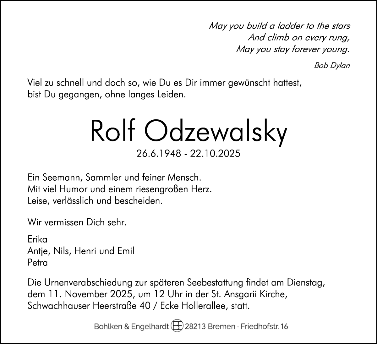 Traueranzeige von Rolf Odzewalsky von WESER-KURIER