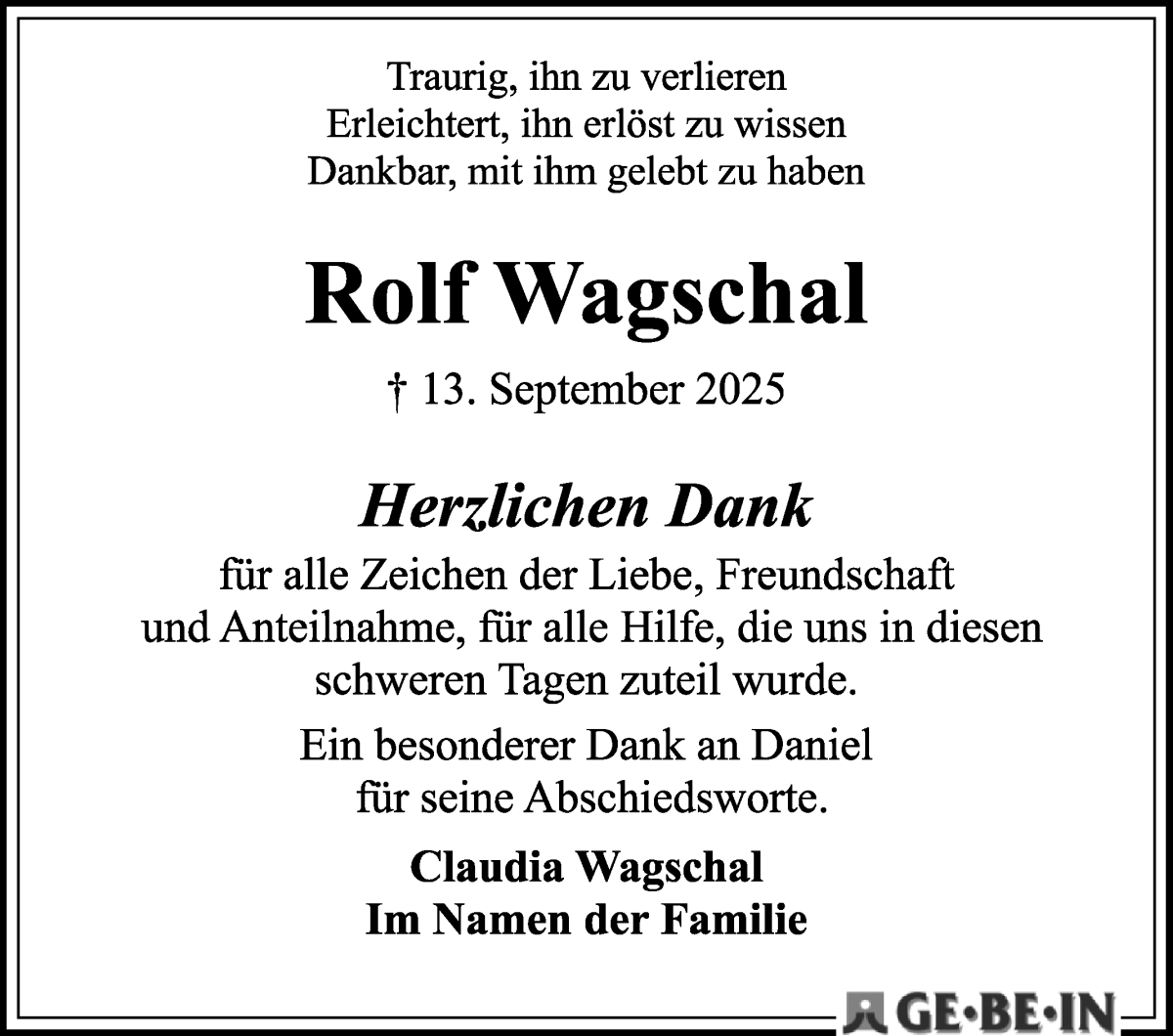 Traueranzeige von Rolf Wagschal von WESER-KURIER