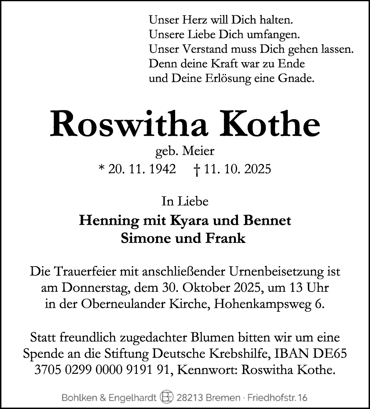 Traueranzeige von Roswitha Kothe von WESER-KURIER
