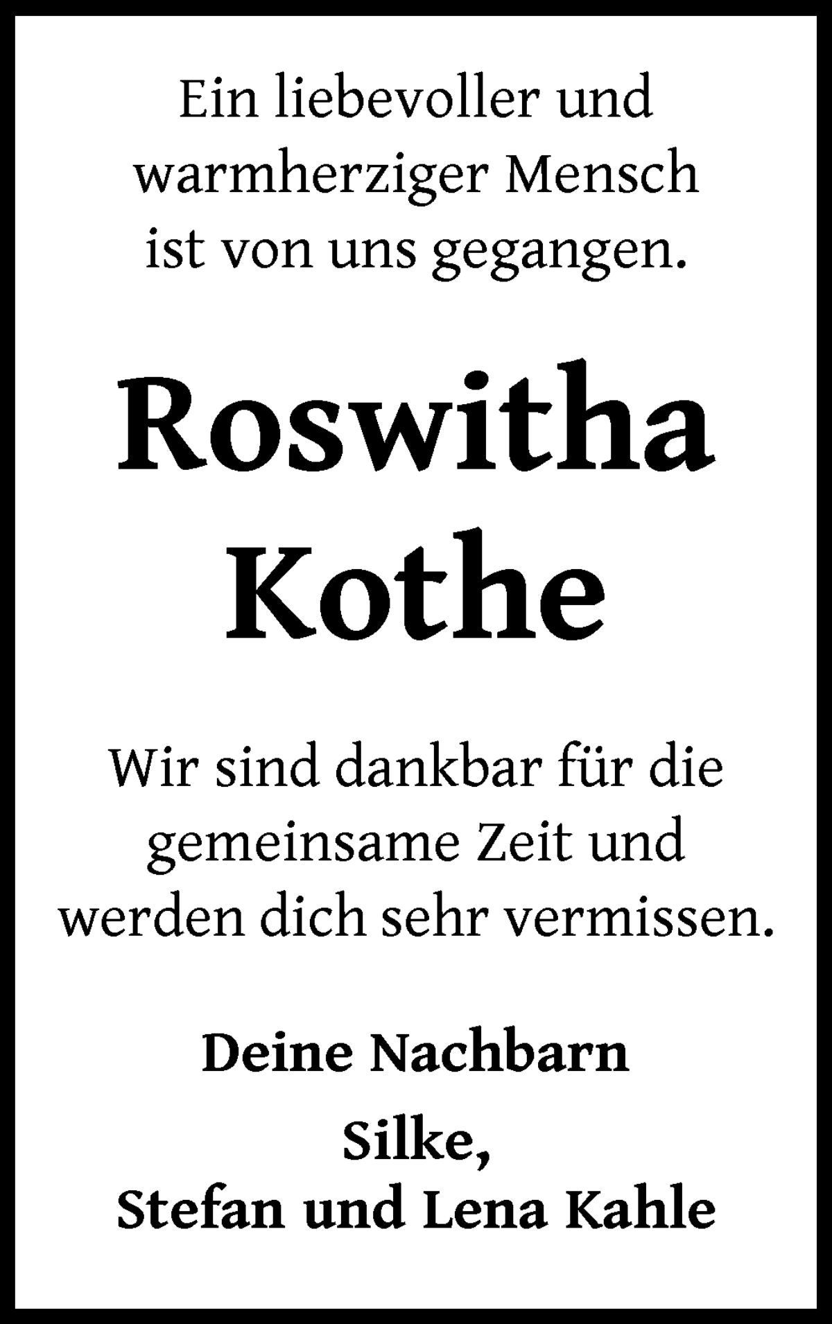 Traueranzeige von Roswitha Kothe von WESER-KURIER