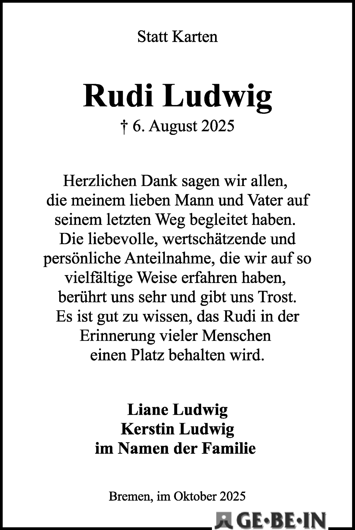 Traueranzeige von Rudi Ludwig von WESER-KURIER