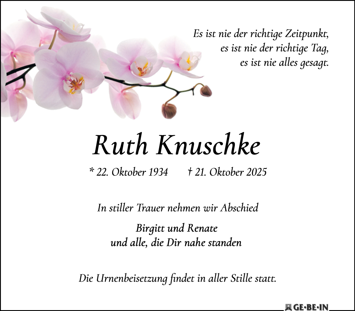  Traueranzeige für Ruth Knuschke vom 25.10.2025 aus WESER-KURIER