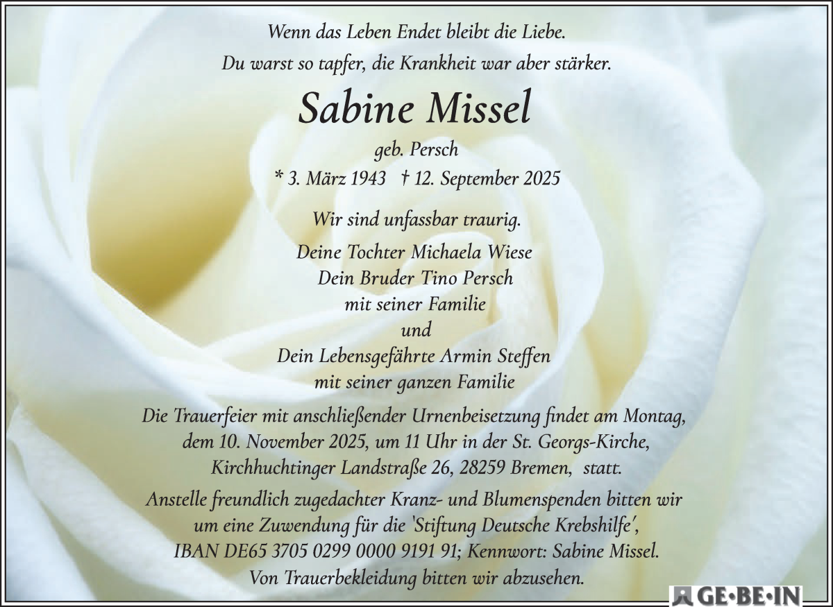 Traueranzeige von Sabine Missel von WESER-KURIER