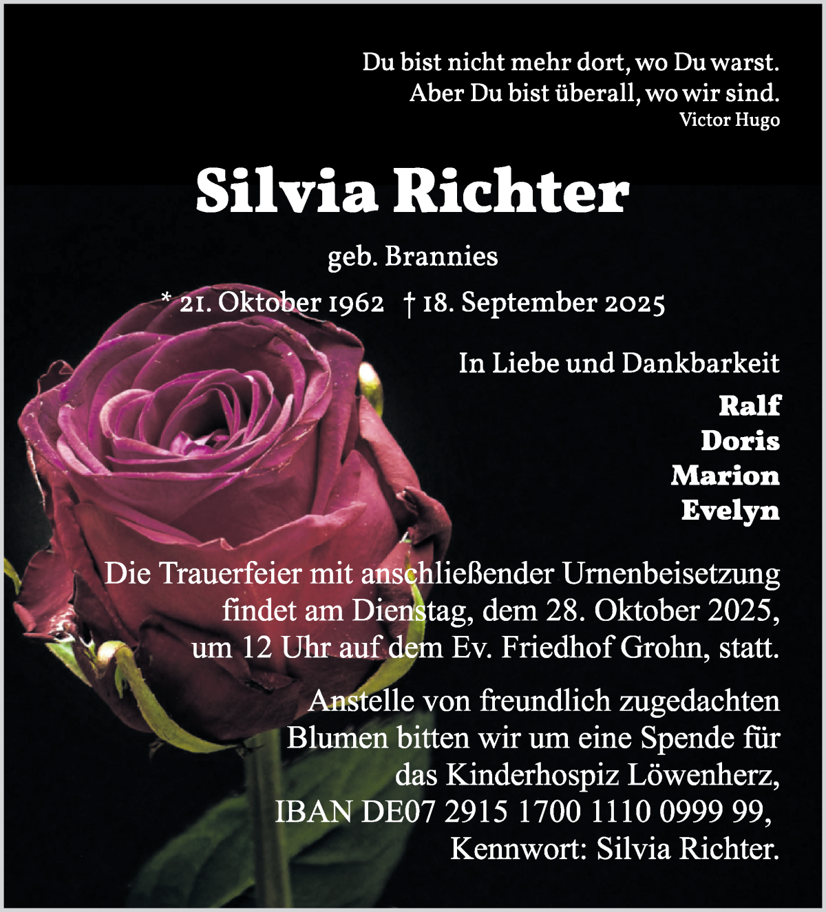 Traueranzeige von Silvia Richter von Die Norddeutsche