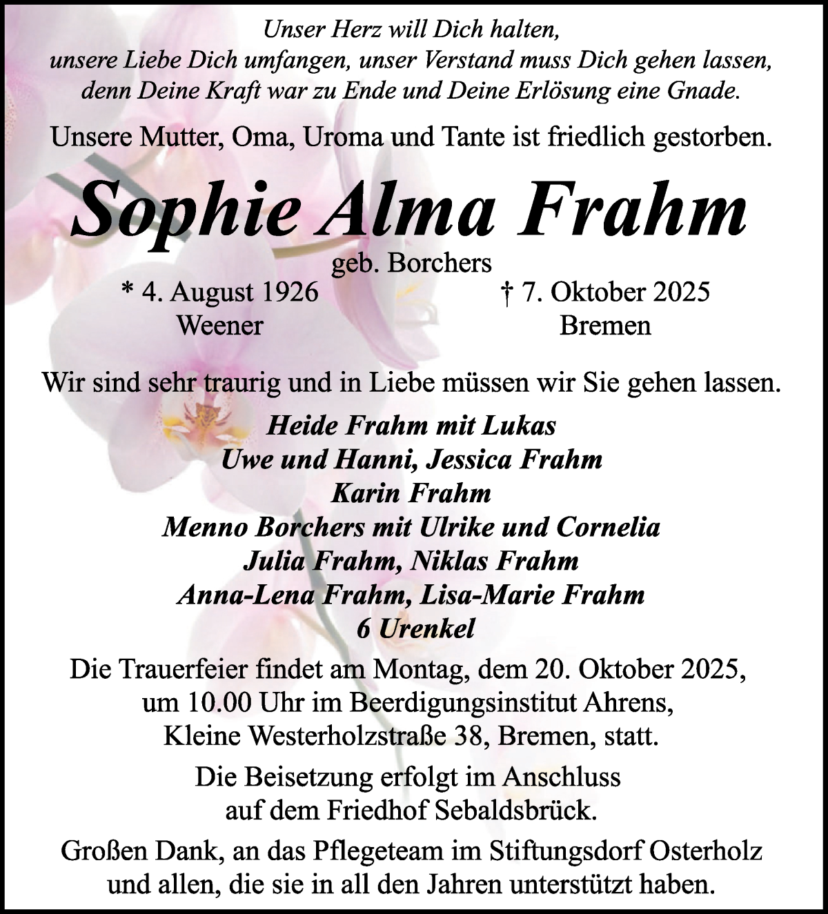 Traueranzeige von Sophie Alma Frahm von WESER-KURIER