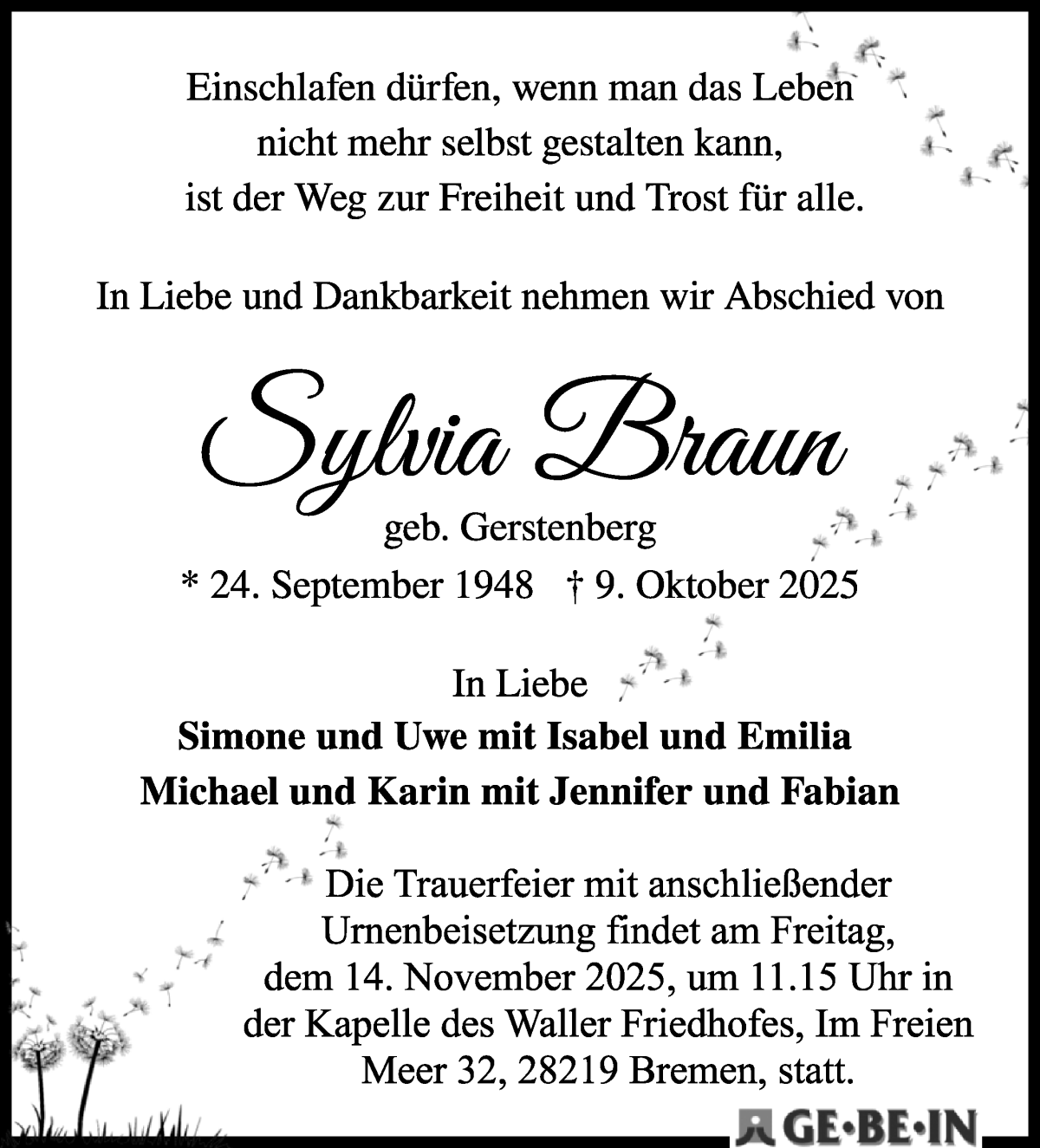 Traueranzeige von Sylvia Braun von WESER-KURIER