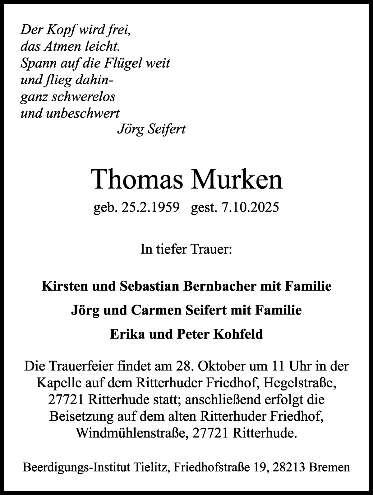 Traueranzeige von Thomas Murken von WESER-KURIER