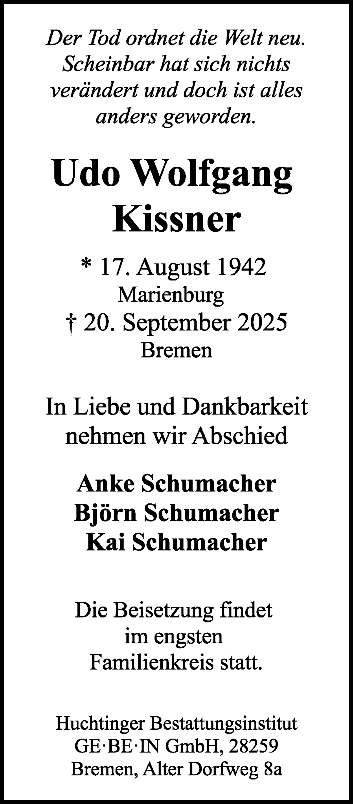 Traueranzeige von Udo Wolfgang Kissner von WESER-KURIER