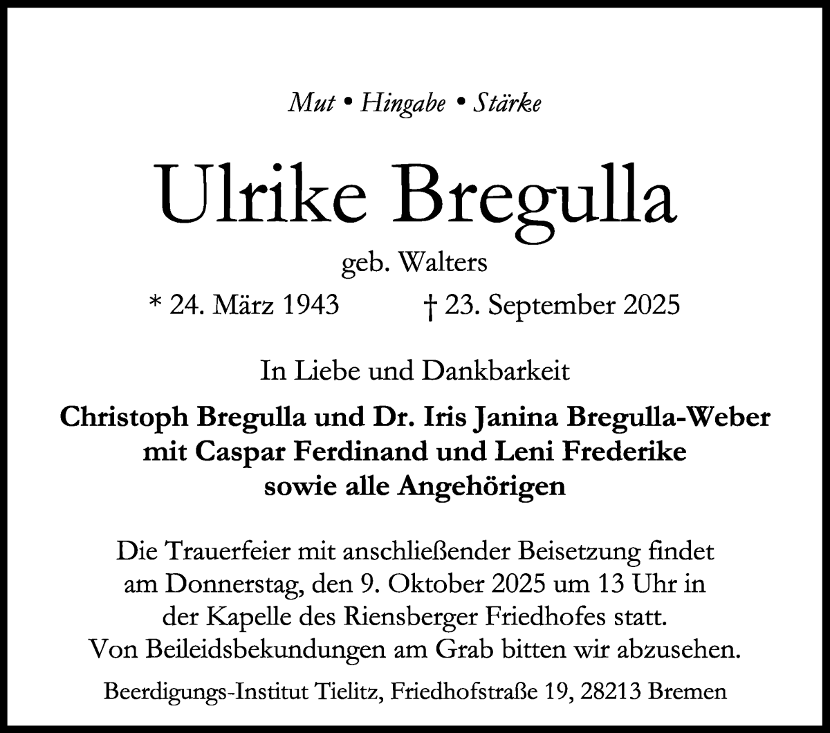 Traueranzeige von Ulrike Bregulla von WESER-KURIER